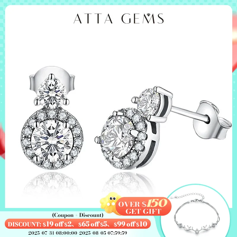 

ATTAGEMS New VVS1 D Color Round Cut Earrings for Women Test Passed Moissanite Diamond 925 Sterling Silver Earrings Fine Jewelry