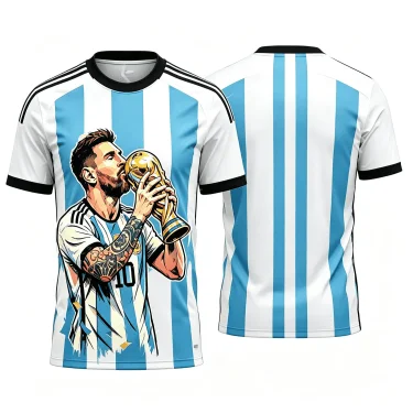 Argentina Messi World Cup Trophy Comic Print Football Jersey, Blue White Stripes Trend Sports Top