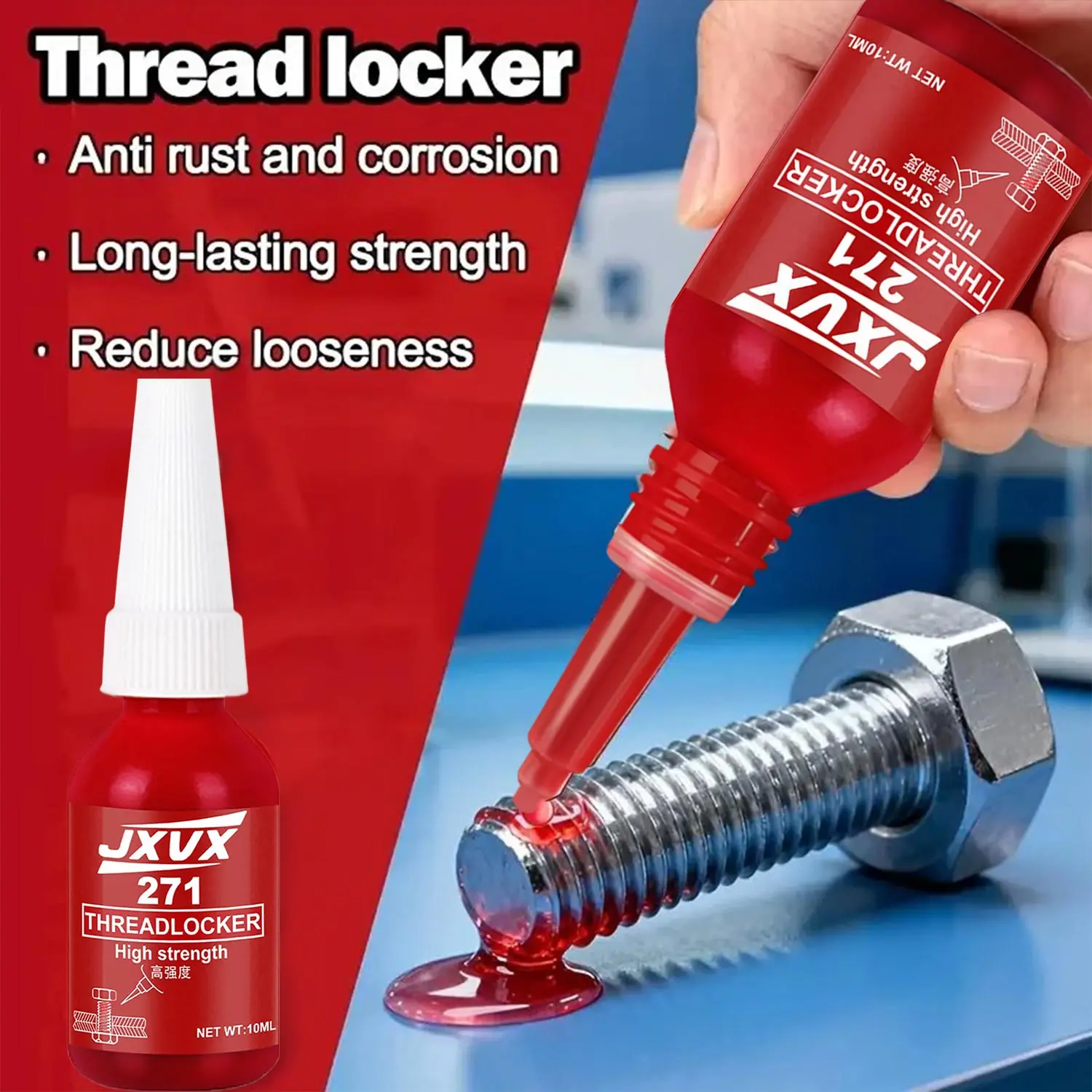 JXVX 271 Threadlocker High Strength Threadlockers, Universal Thread Adhesives, For All Metal Threaded Components, Removable Waterproof High-Temperature Resistant Thread Lock Screw Glues 10/50ML.