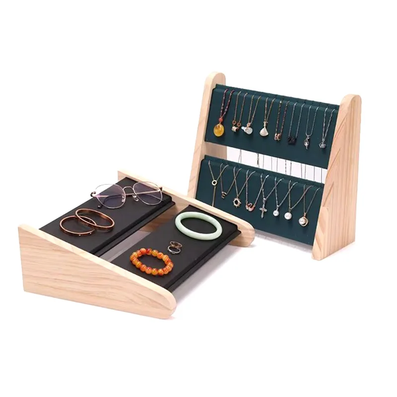 2 Layers Wood Slope Shape Jewelry Display Necklace Pendant Bracelet Organizer Stand Holder Rack Showcase Tray