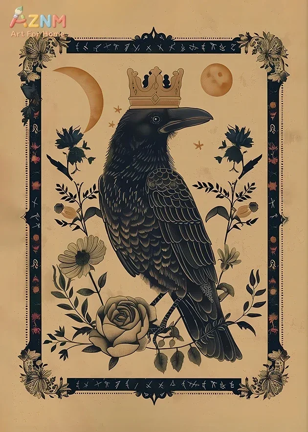 AZNM Vintage Crown Raven Canvas Wall Art Gothic Crescent Moon Floral Rose Rune Border Antique Dark Art Print Unframed Canvas Wit