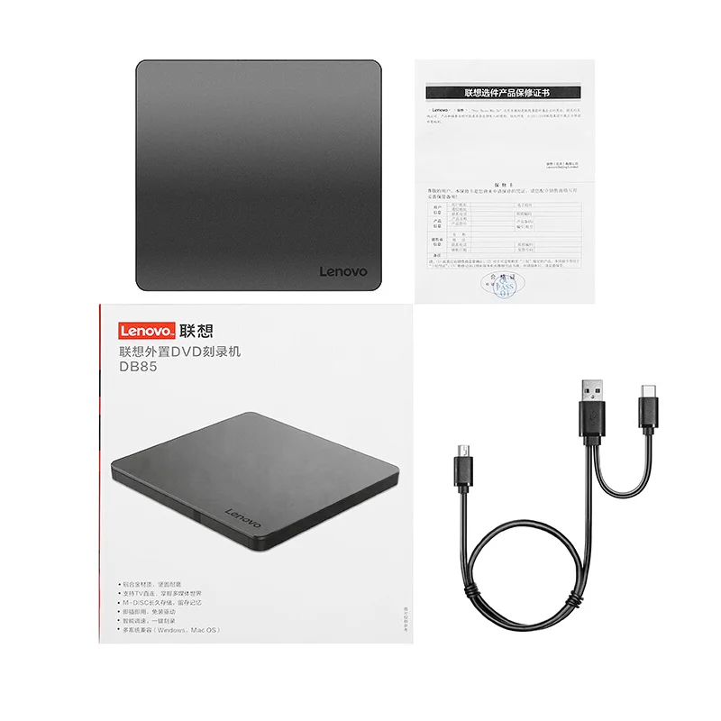 محرك الأقراص الضوئية المحمول Cd Lenovo Db85 محرك أقراص DVD الخارجي USB 2.0 رفيع للغاية محرك أقراص مضغوطة خارجي Dvd-Rom Burner Driver Usb + Type-C واجهة مزدوجة لأجهزة الكمبيوتر المكتبية