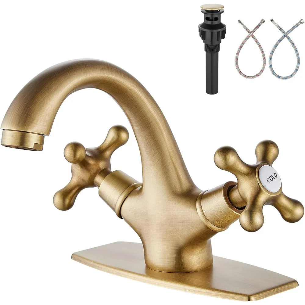 

Bathroom Sink Faucet Antique Brass Single Hole Cold and Hot Double Handle Cross Knobs Vanity Vessel Sink Basin Mixer Tap