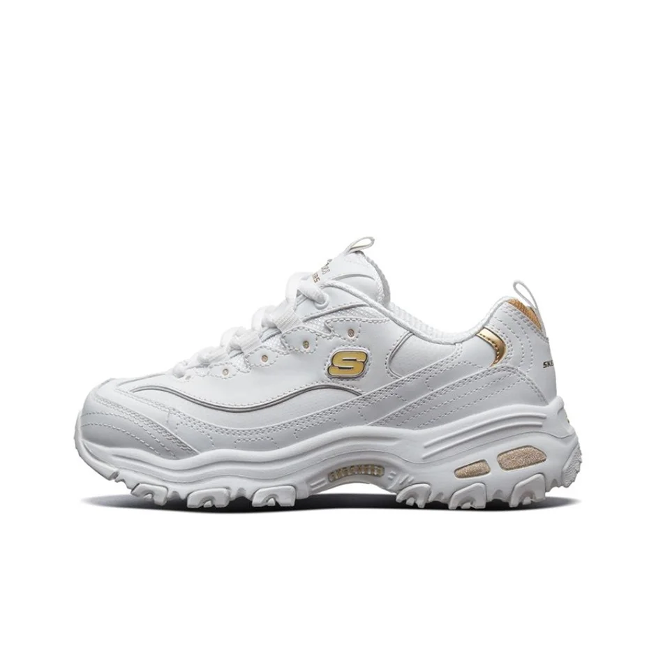 Skechers D'Lites 1.0 Small White Bear With Gold Logo Breathable Height Increasing Low top Chunky Sneakers Women's 11931-WGD