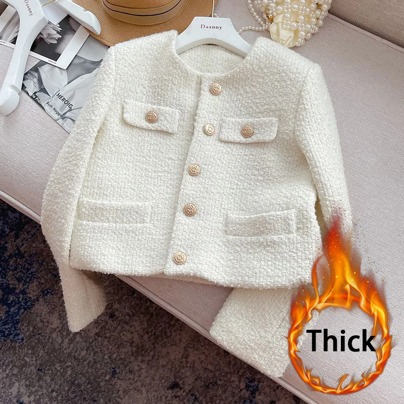 Elegant Cropped Tweed Jacket Women Fashion Quilted Coat Commute Blazer Winter Ladies Korean Thicken Casual Chic Outerwear New