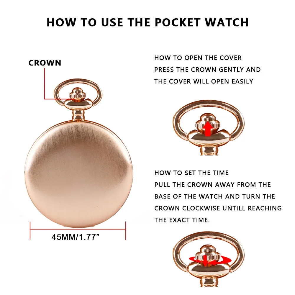 Luxury Smooth Rose Gold Pendant Pocket FOB Watch Modern Roman Numerals Analog Clock Men and Women Fashion Necklace Unisex Gift