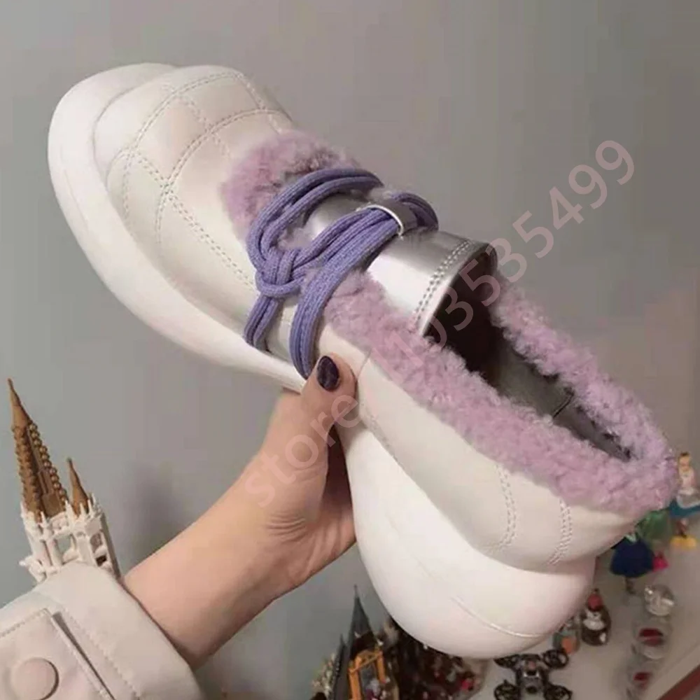 

2026 Summer New White & Purple Plush Platform Sneakers Women Warm Fleece-Lined Casual Shoes Winter Fashion Footwear