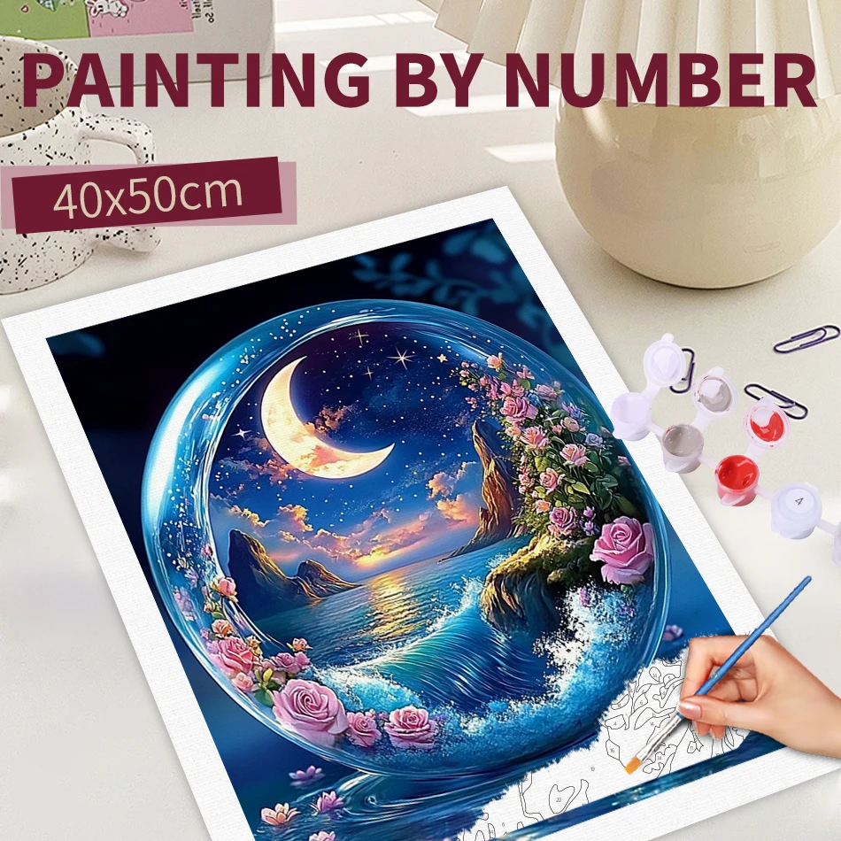 

RUOPOTY Diy Frame Painting By Numbers 40x50cm Kits Landscape Moon Night Drawing Picture By Numbers For Adults Beginner Diy Gift