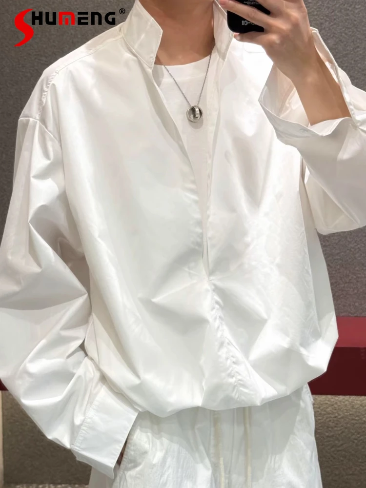 

2025 Summer Trendy Men's Simple Solid Color Faux Two-piece Design Long-sleeve Shirts Loose Versatile Fashion Personalized Tops