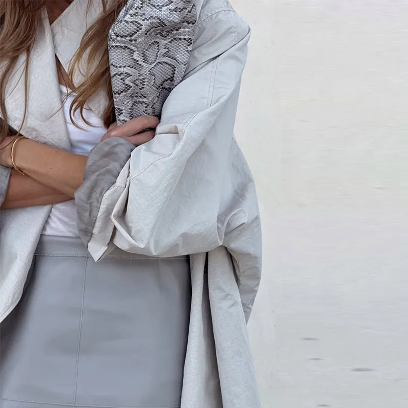 Stehkragen Langer Einfarbiger Damen-Trenchcoat Langarm Doppelreihig Locker Geschnittener Damen Frühling Herbst Mode Lässige Damenjacke 2026 – Detail 7