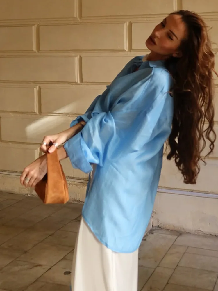 

Oversized Women's Sheer Casual Shirt Blouse Draped Long Sleeve Lapel Loose Fit Outerwear 2025 New Casual Daily Streetwear Outfit