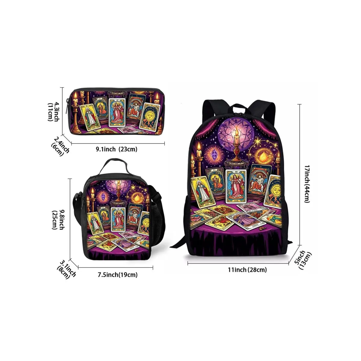 Tarot Cards Print Three Piece Backpacks Set for Boy and Girls Best Gifts 2D Flat Cartoon School Bag for Children