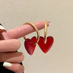 XIALUOKE Vintage Hyperbole Red Heart-shaped Drop Earrings For Women Personality Golden Hoop Earrings Jewelry Accessories