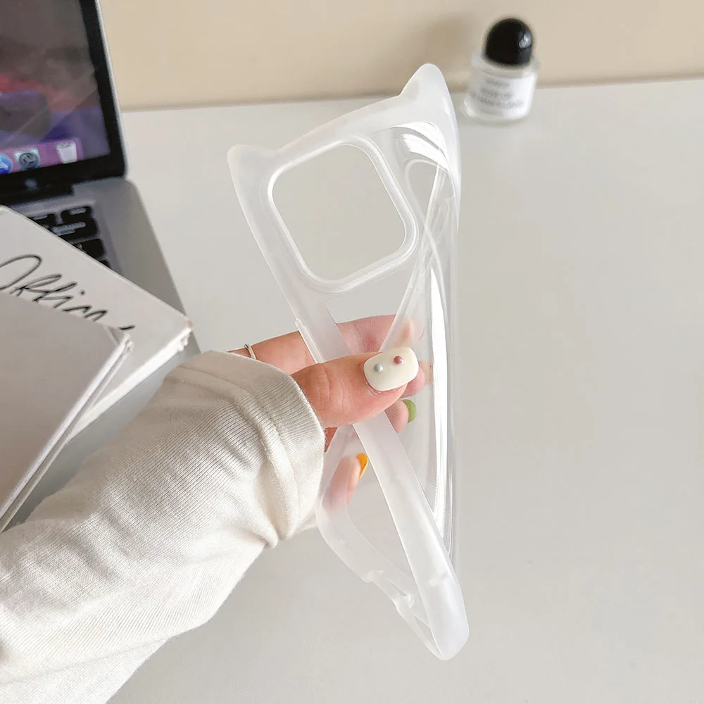 3D Cute Cartoon Cat Ears Funny Phone Case For iPhone 16 15 14 13 12 11 Pro Max Shockproof Cover Transparent Soft Matte Shell - náhled 4