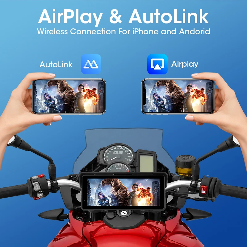 Srnubi Portable 8.1 inch IP67 Waterproof Motorcycle 4K DVR GPS Navigation Wireless Carplay Android Auto Moto Recorder Monitor