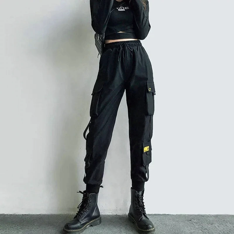 

Women's Cargo Pants Black Ribbon Pocket Jogger Elastic Waist High Streetwear Harajuku Pant Punk Females Trousers Harem Pants