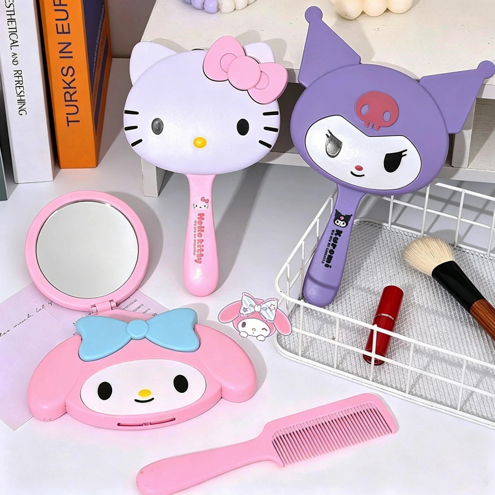 Kawaii Hello Kitty Portable 2-In-1 Makeup Mirror & Comb, Cartoon Travel Makeup Accessory, Handheld Mirror for Girl Everyday Gift