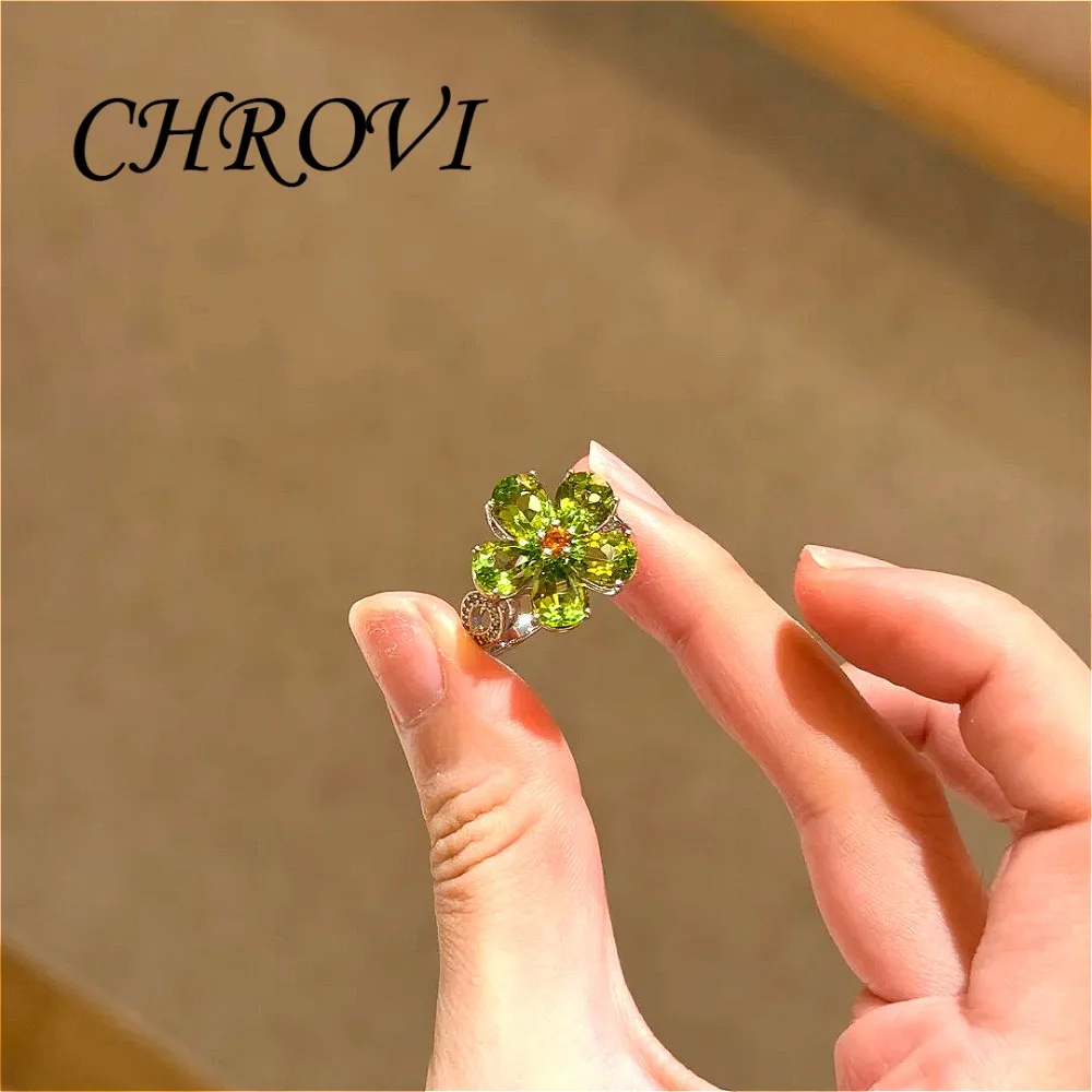 Flashy 925 sterling silver luxurious full diamond flower ring with coloured diamonds and apple green zircon