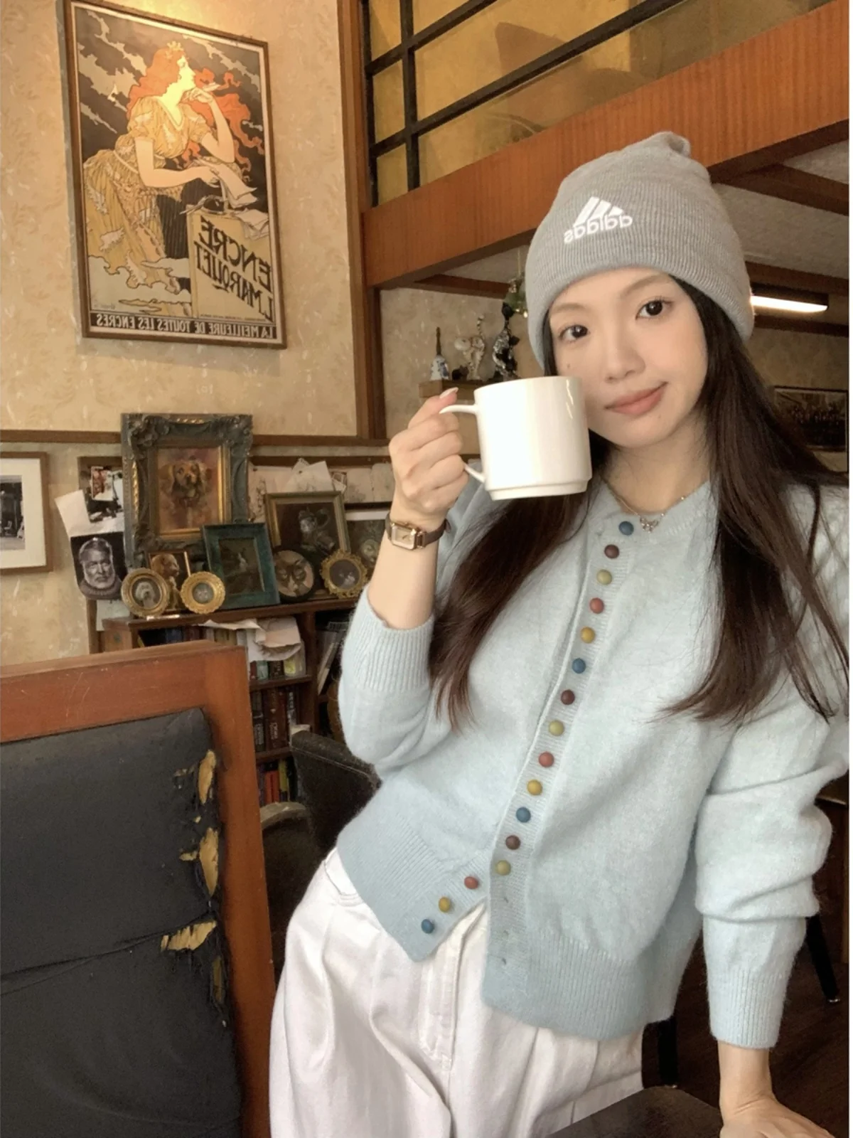   シングルボタンニットセーターコート レディース ロングスリーブ ラウンドネック ルーズフィット 通勤 スタイリッシュ 秋の新作 韓国版