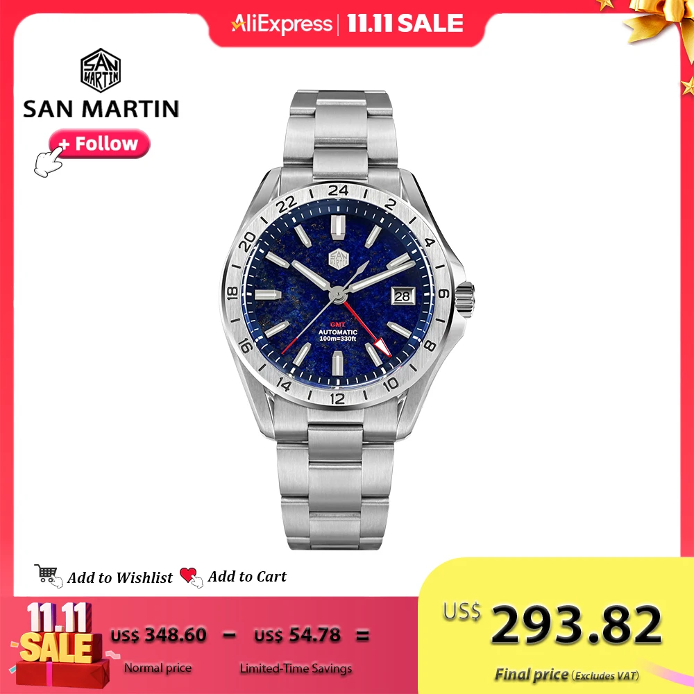 

San Martin 39mm GMT Luxury Men Watch Aventurine Gemstone Dial NH34 Stainless Steel Automatic Mechanical Wristwatch 100m SN0129