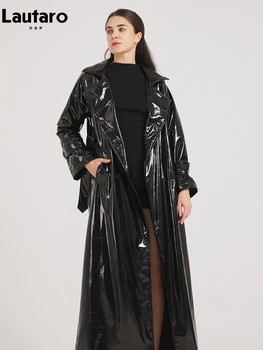 Lautaro Frühling Herbst Schwarz Glänzend Reflektierende Weiche Patent Leder Trenchcoat für Frauen Luxus Designer Bodenlangen Kleidung 2024