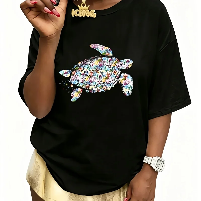 Vibrant Sea Turtle Women's 100% Cotton T-Shirt Short Sleeve Top Casual Round Neck Fun Print Tee S-5Xl