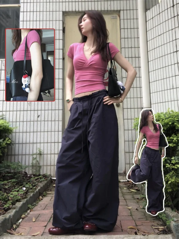 

Parkyeon Summer New Slimming T-Shirt Top And Loose Wide Leg Pants Two Piece Set Women's Fashion Casual Wear Quick Dry Polyester