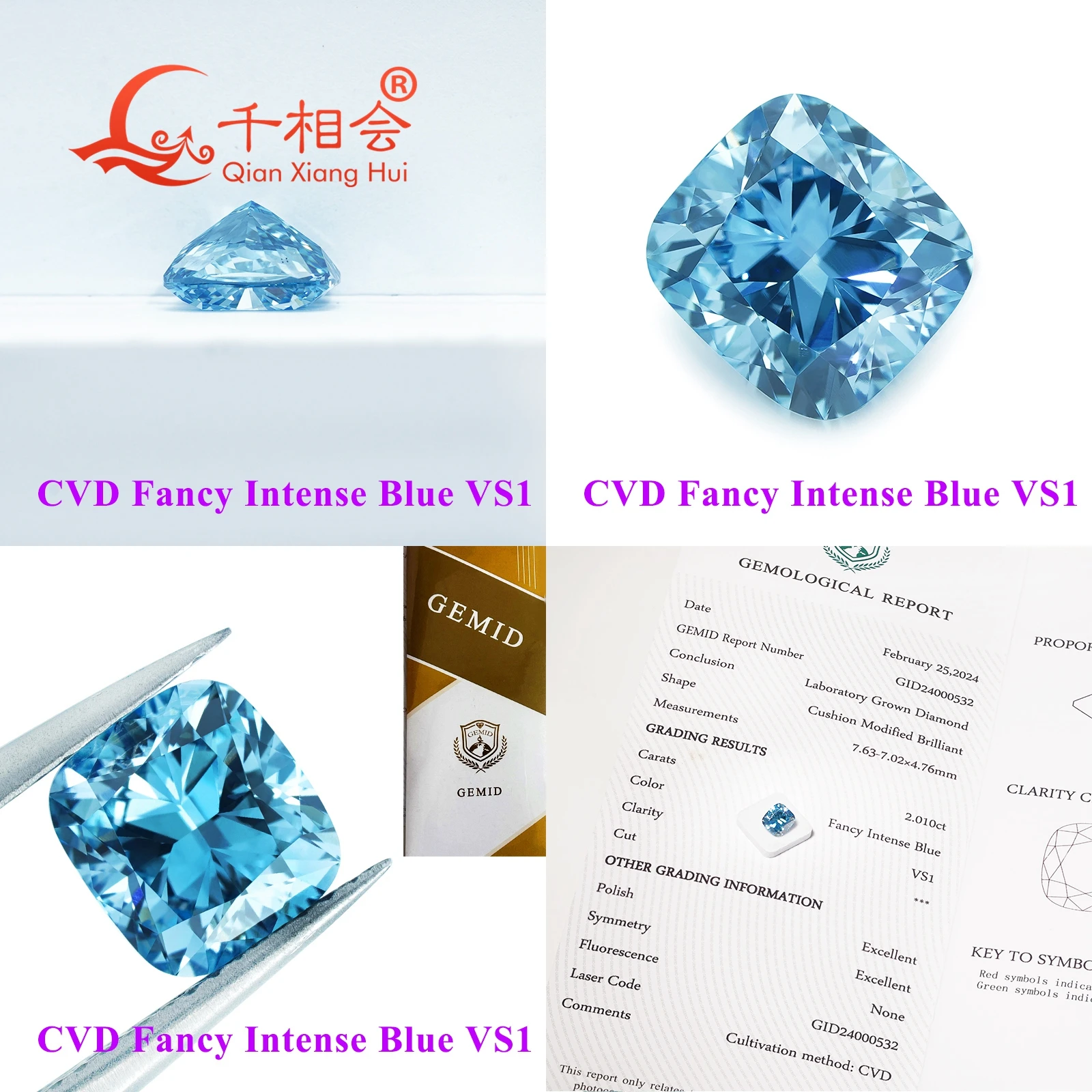 Imagem -04 - Cvd Lab Grown Diamond Loose Stone Fantasia Vivid Aqua Blue Vs1 Excelente Forma de Almofada Gemid Certificated 1.2ct