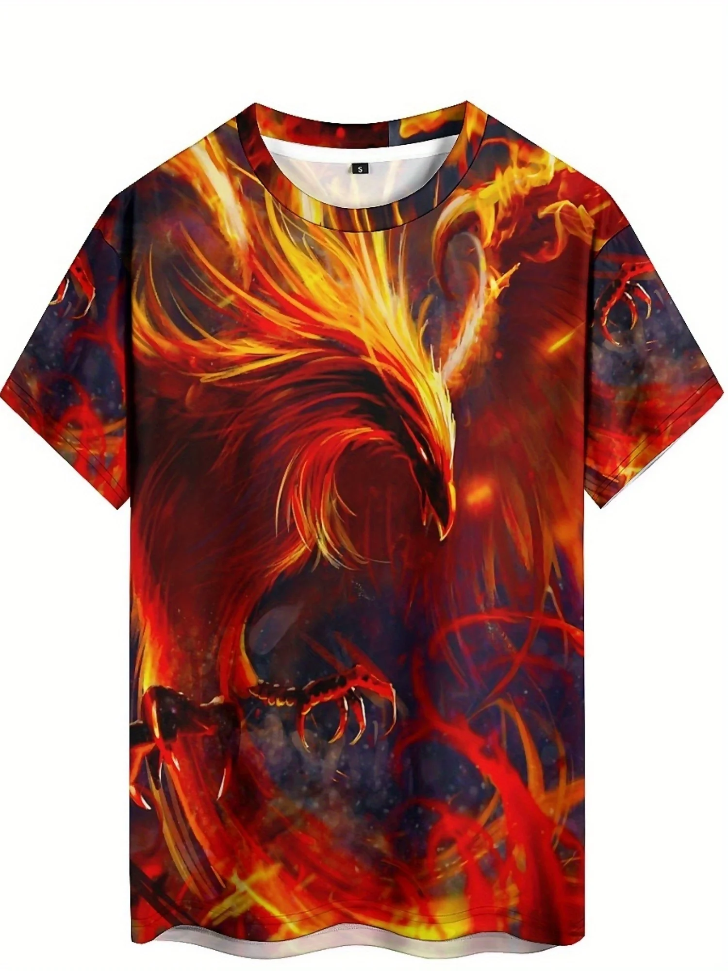 Camiseta masculina com estampa 3D "Burning Phoenix" – manga curta, design de chama vermelha e laranja, poliéster de alta qualidade