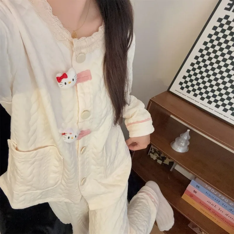 

Мягкая пижама для девочек, осенне-зимние брюки с длинными рукавами, воздушный хлопок, сэндвич, милый мультяшный комплект домашней одежды Hellokitty Ins, простой комплект