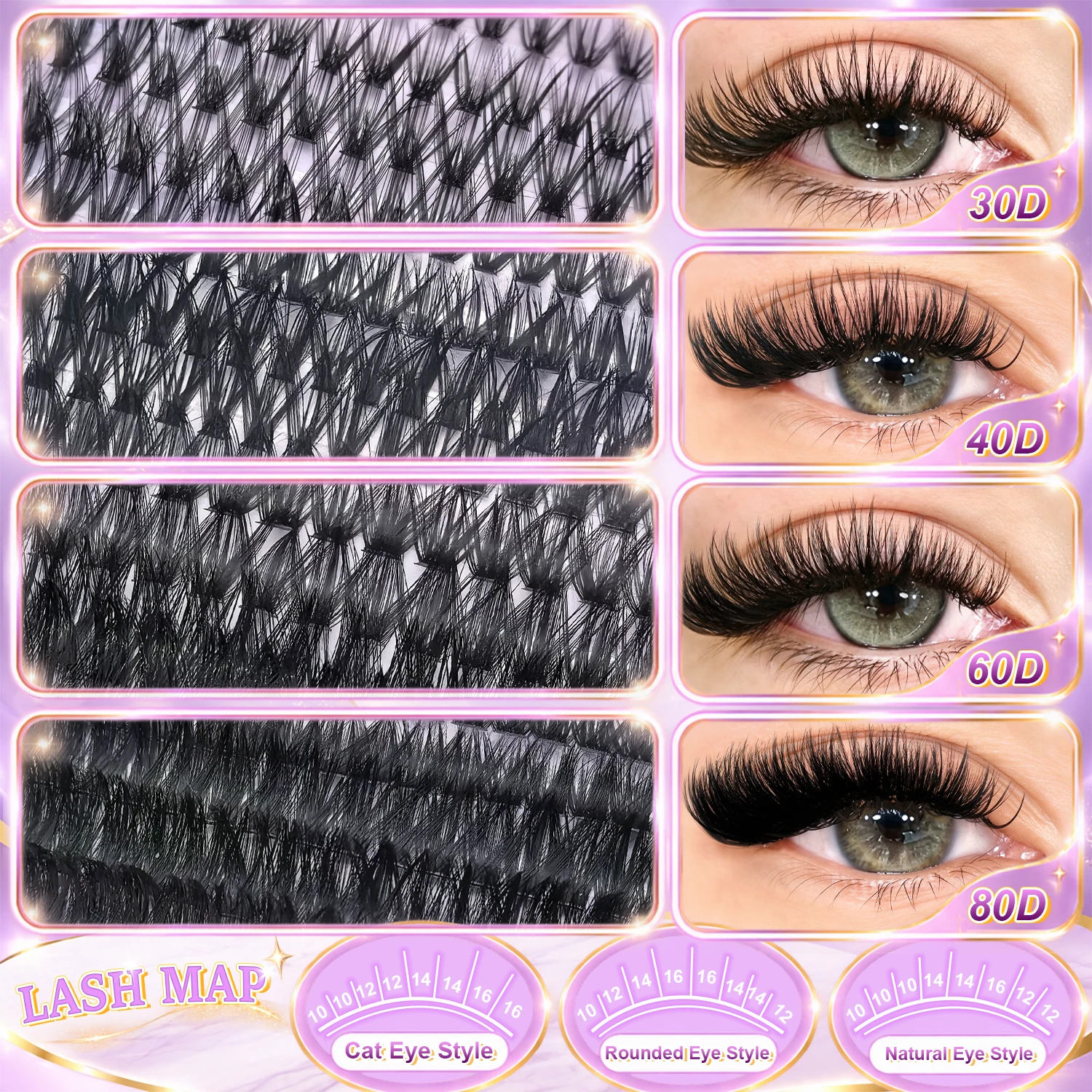 DIY Cluster Lashes Kit 30D 40D 60D 80D D Curl Individual Eyelashes, Create Cat Eye & Natural Look, With Lash Bond Seal Tweezers