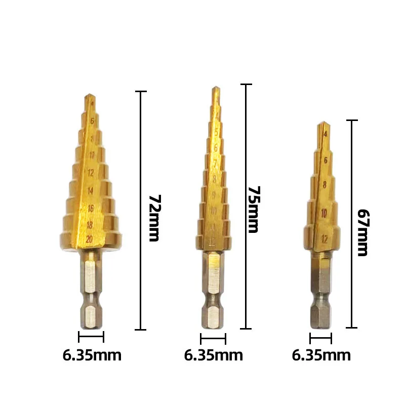 1Set shank straight groove Pagoda Step Hexagonal Titanium Drilling Power Tools Metal Wood Hole Cutter Cone Drill Bit4-12/20/32mm