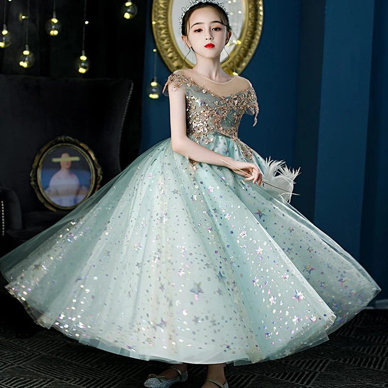 Child Girls Evening Dresses for Wedding Party Formal Prom Long Dress Cute Fluffy Tulle Star Ball Gown Kids Ceremony Guest Frock