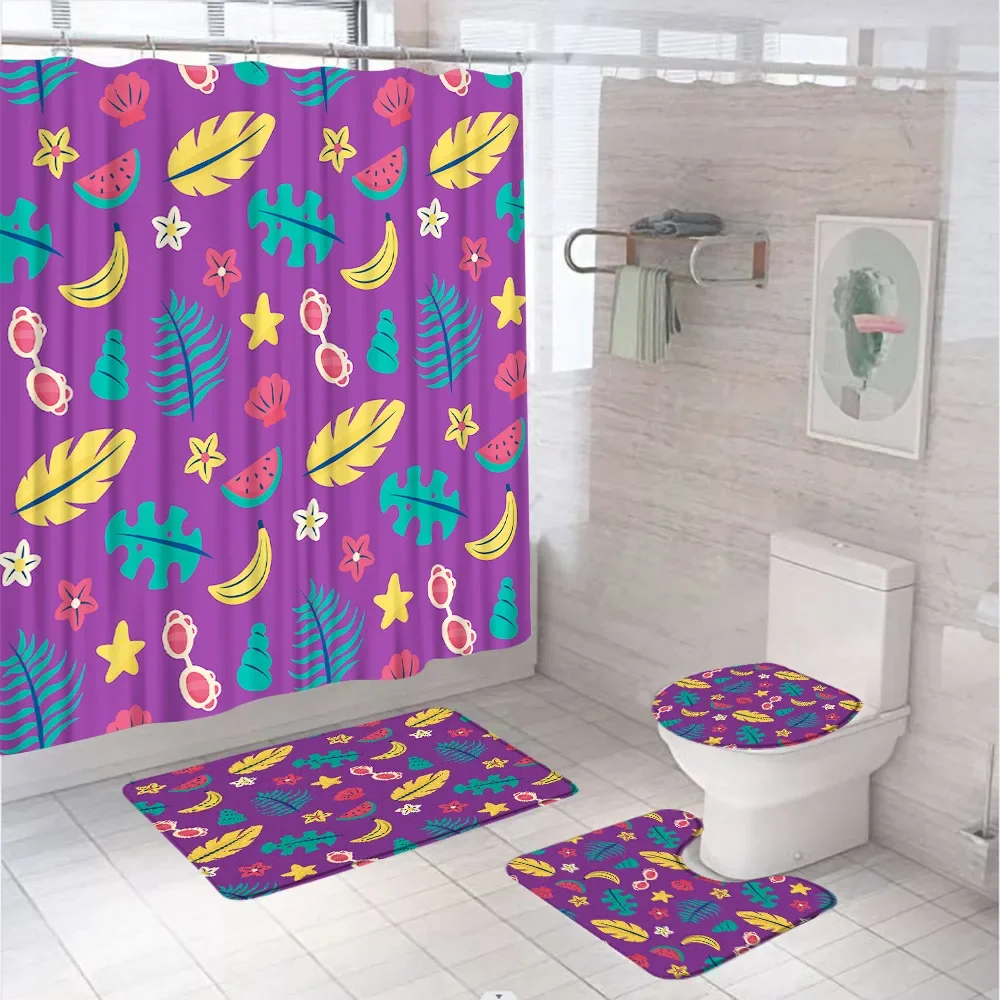 Abstract Medieval Leaves Shower Curtain Set Summer Pineapple Fruit Bathroom Curtains Non-Slip Bath Mat Pedestal Rug Toilet Cover