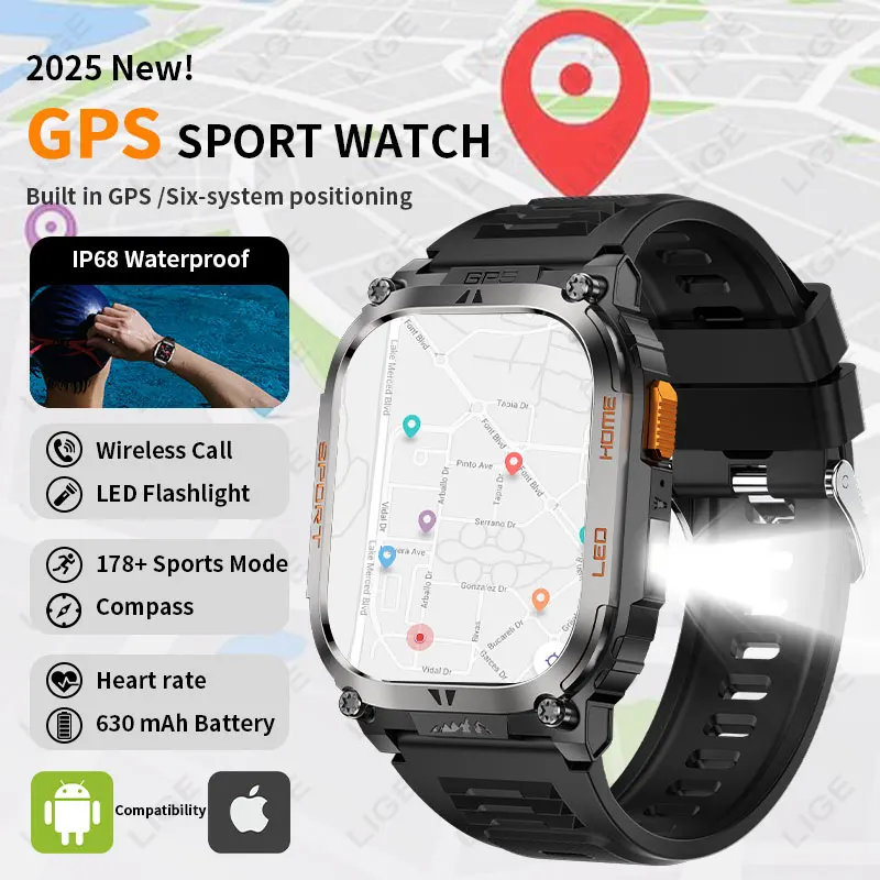 

2025 New Men Smart Watch Built-in GPS Compass Outdoor Watches 630mah Large Battery Sports Positioning Flashlight Smartwatch Man