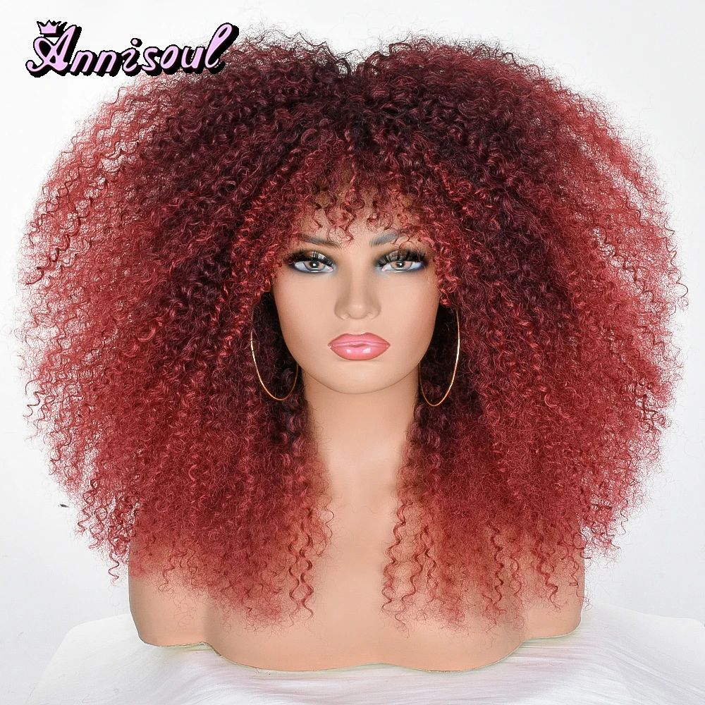 

18 Inch Short Afro Kinky Curly Wigs With Bangs For Black Women Synthetic Wigs Natural Hair Brown Mixed Wig Cosplay Lolita