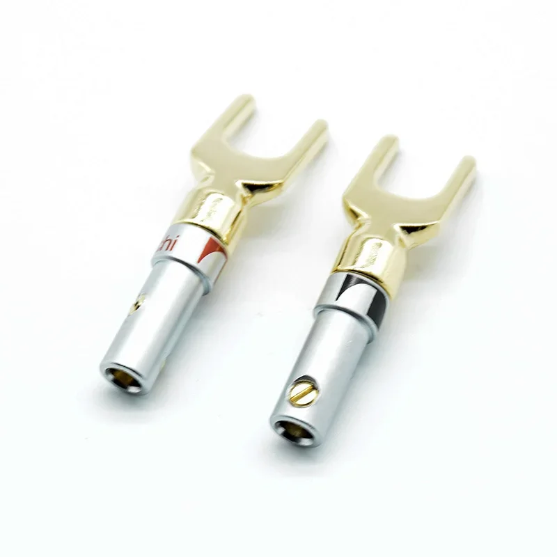 2pcs 1red+1black  Brass Gold plated and Silver Plated Y Spade Speaker Plugs Audio Screw Fork Connector Adapter