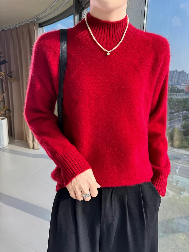 

Daily Autumn Winter Sweater Pullover 100% Merino Wool Pullover Women's Half High Collar Clothes Trendy Argyle Bulge Fit Knit Top