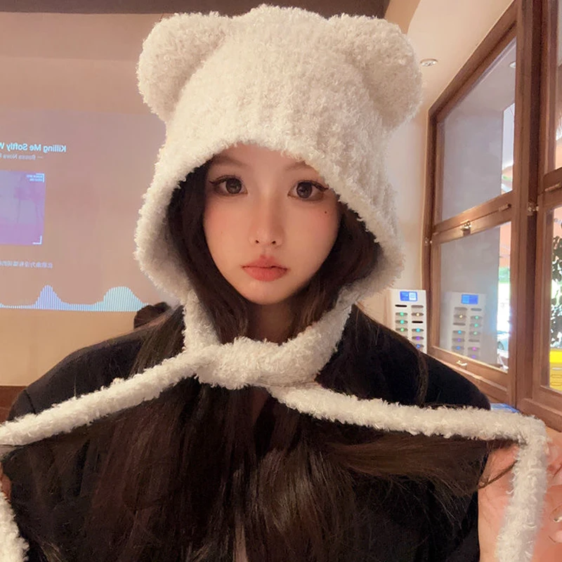 Bear Ear Knitted Wool Hat Autumn Winter Fashion Warm Lace-Up Ear Protection Cap Outdoor Women\'s Bomber Cap Bonnets New Year Gift