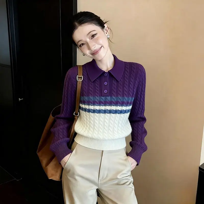 Kimutomo Women 2026 New Striped Polo Collar Sweater Elegant High Sense Long Sleeve Knitted Pullover Fashion Basic Layer Tops