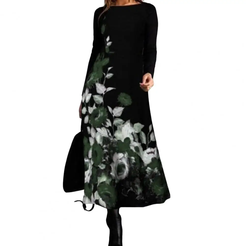 

Spring Autumn Long Sleeve Maxi Floral Dress For Fashion Women Dresses Casual O-Neck Black A-line Dress 5XL Ladies Robe Vestidos