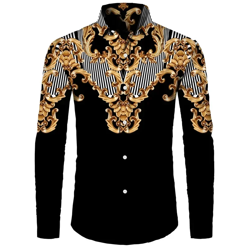 Men's long sleeved gold printed shirt, men's social fashion, men's designer clothing, Hawaiian fashion, elegant classic shirt