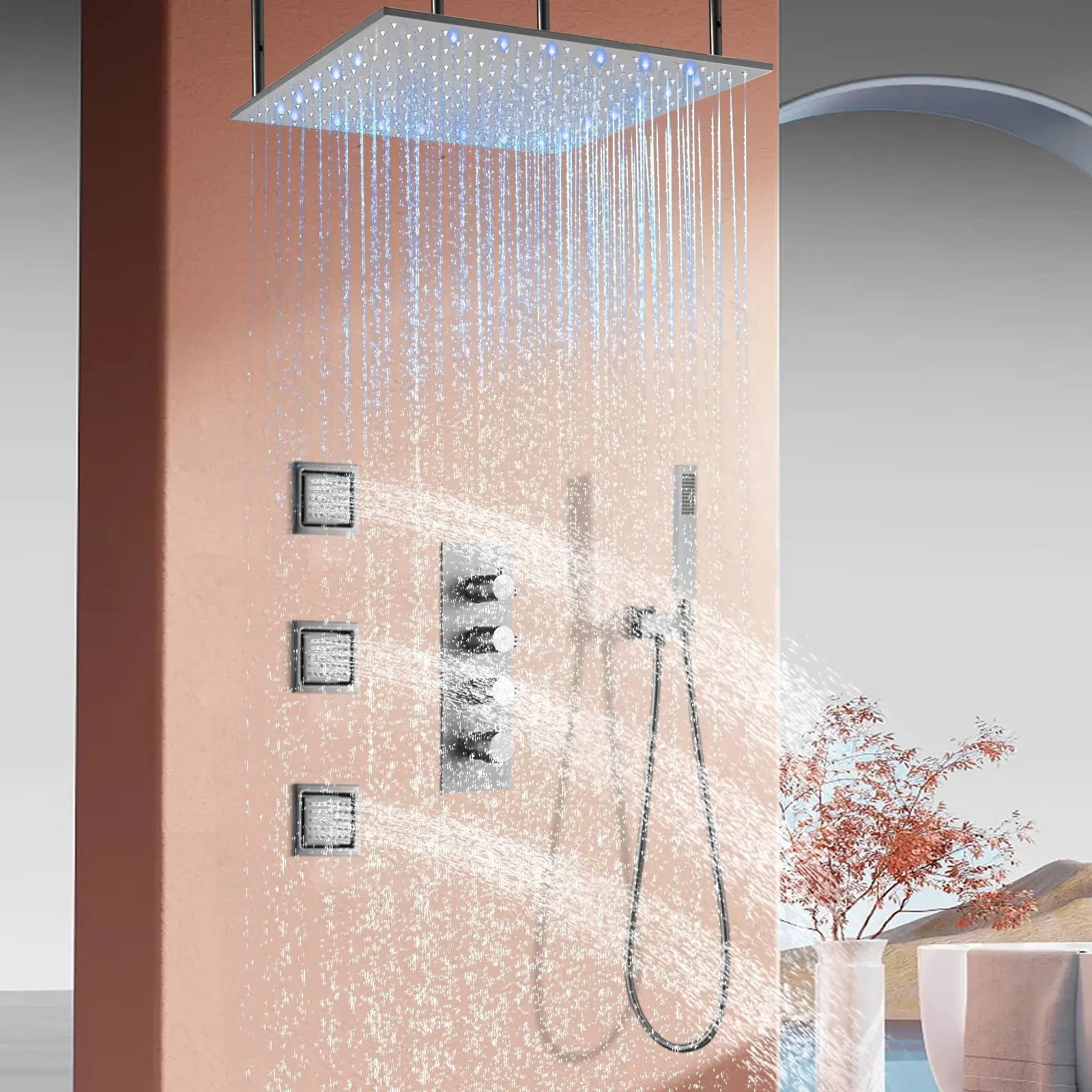 Stainless steel oversized LED ceiling spray spray shower system with concealed temperature control for bathroom ceiling