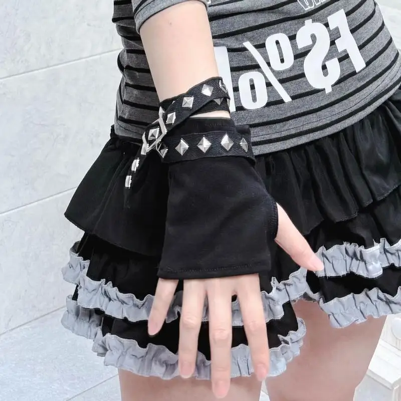 Y2K ゴシックパンク指なし手袋女性のためのリベットオーバースリーブ黒カフコスプレヒップホップファッション衣装アクセサリーストリートウェア