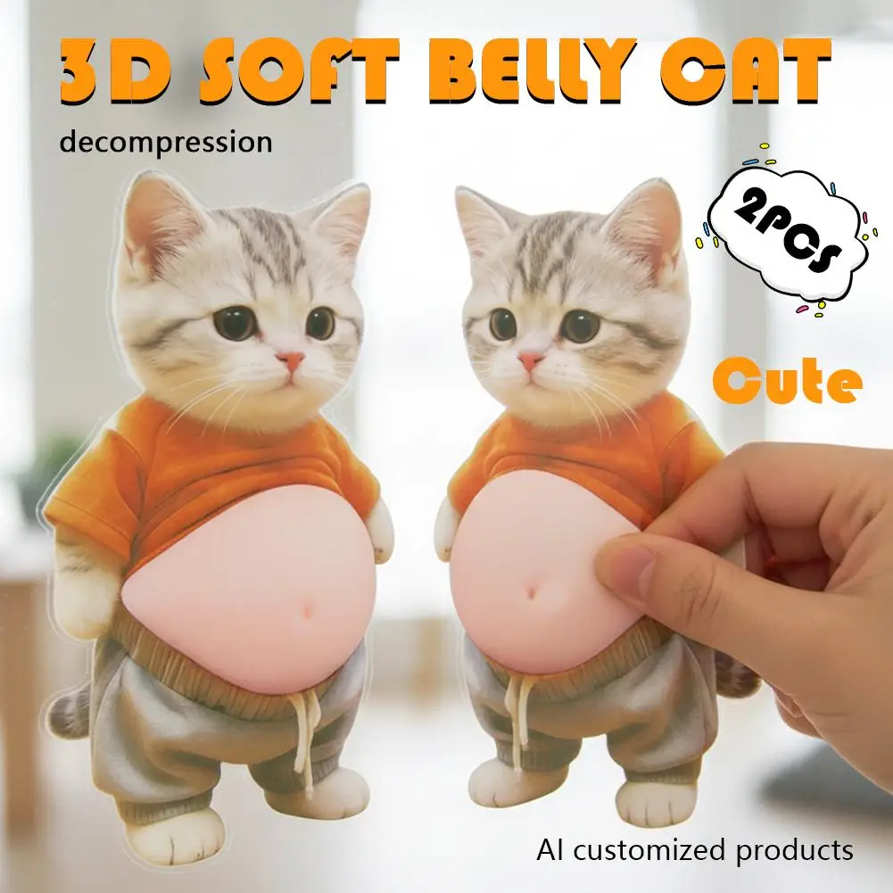 2-10Pcs 3D Shiba Inu Cat Belly Sticker - Cute Kitten wearing orange outfit with soft pink background, silicone self-adhesive
