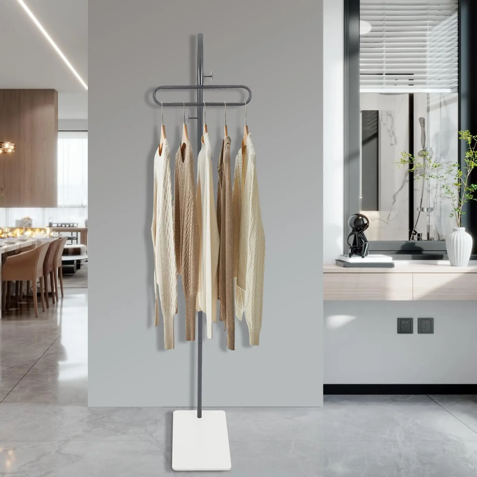 حامل رفوف المعاطف بطول 69 بوصة مع خطافات وقاعدة جانبية، منظم شماعات الملابس المعدنية الإبداعية، وشاح، حقيبة، قبعة، أحذية