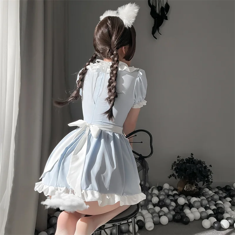 Blue Japanese Cute Girl Halter Dress Lolita Maid Pleated Dress Maid Outfit Schoolgirl Costume