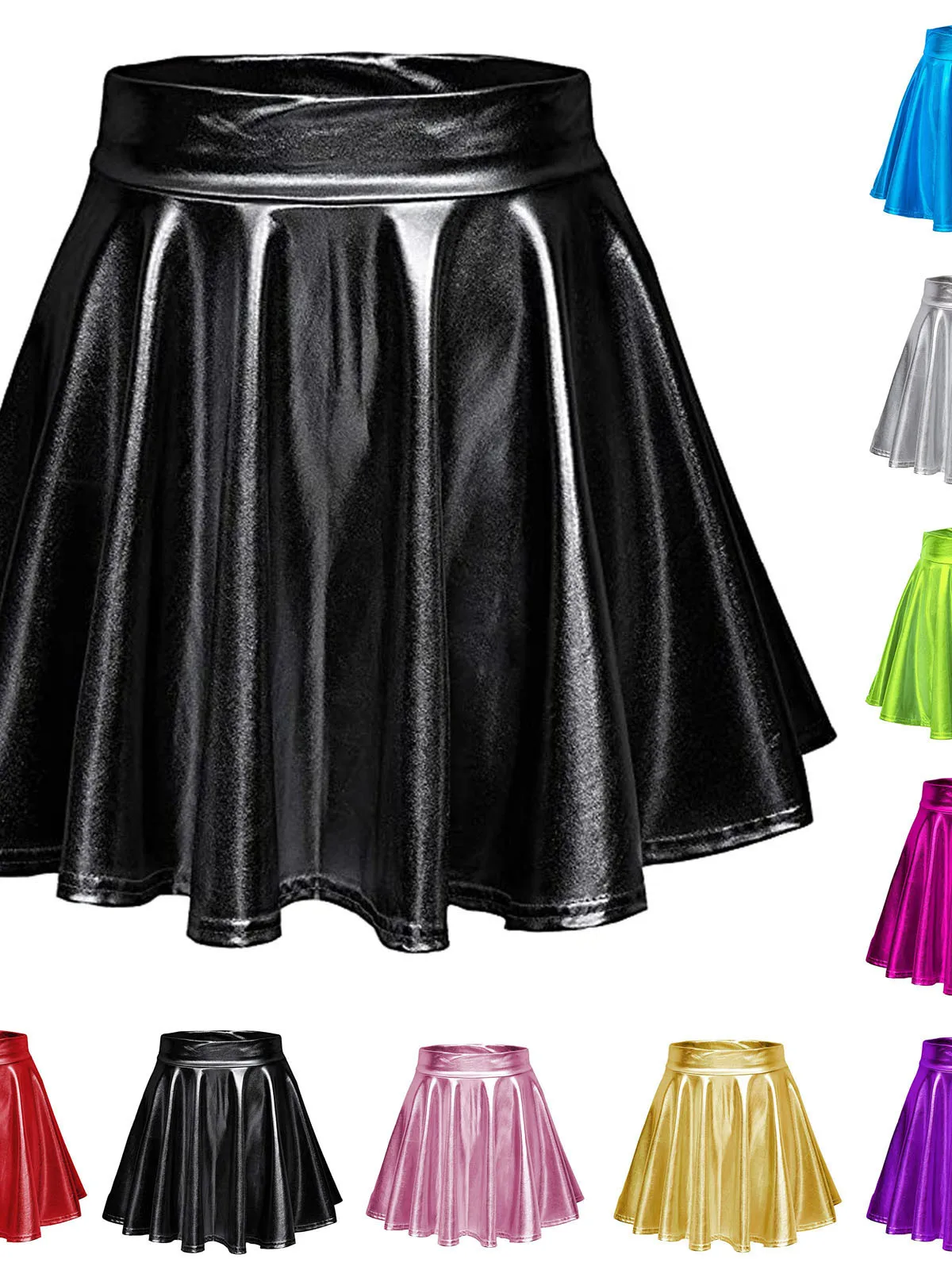 Stage Performance Pleated Skirt Leather Half Skirt Street Style mid Waist Elastic Waist for Dance And Travel Halloween Theme