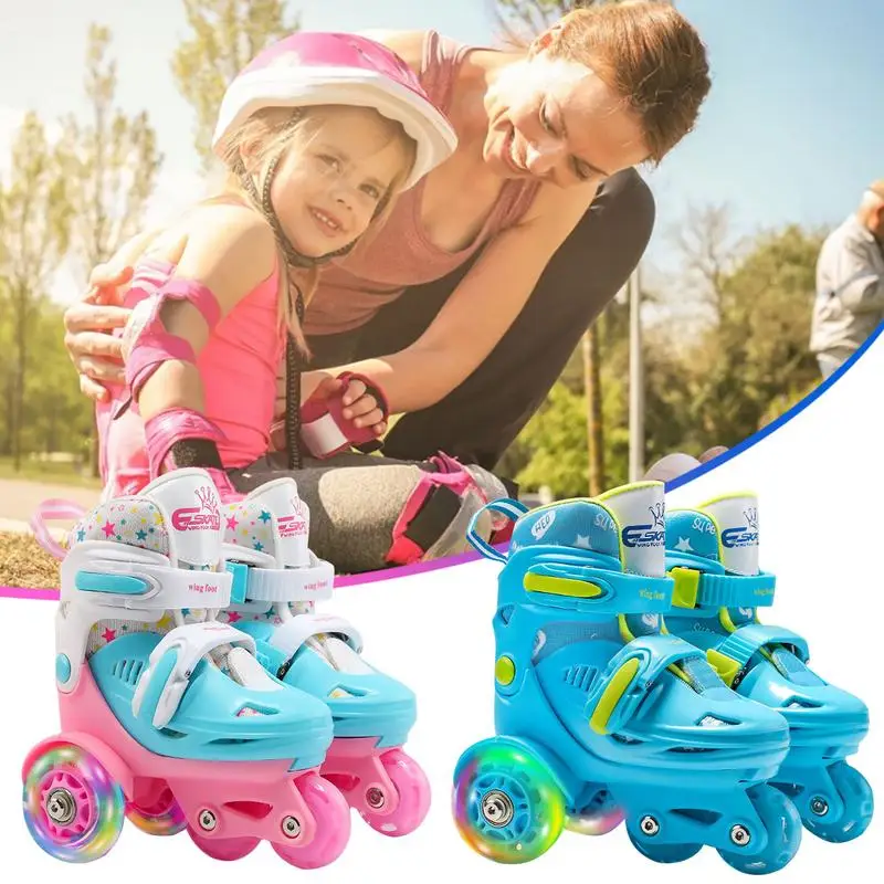 

2-8 Kids Double-row Roller Skates Adjustable Elastic PU Inline Rollers Skates Double-shoe Brakes Safe Auxiliary Wheel Skate