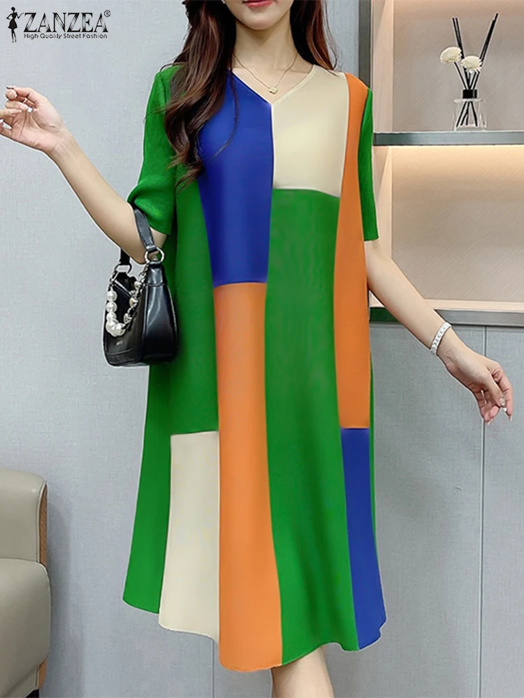 

Causal Short Sleeve Midi Dresses Women Colorblock A-line Sundress ZANZEA 2024 Fashion V-neck Robe Vintage Commuting Vestido